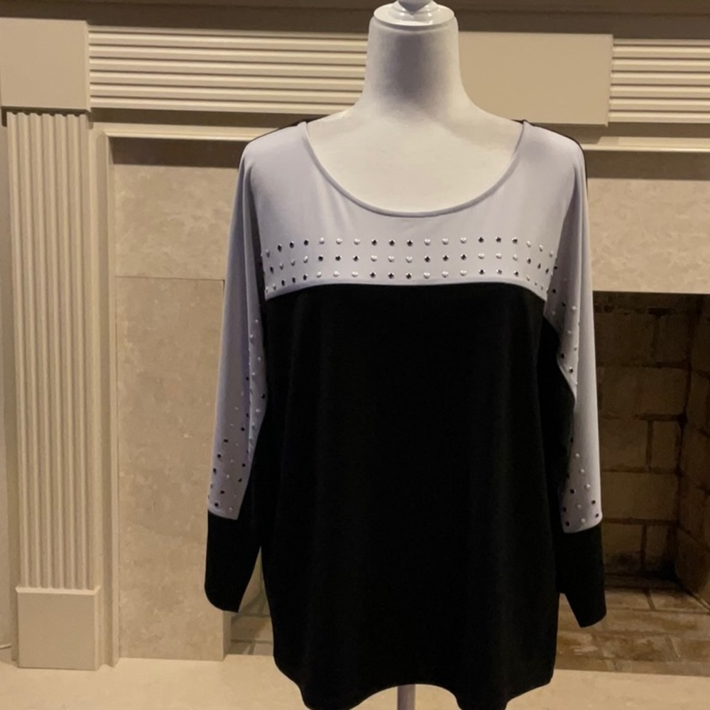Calvin Klein Black and White Studded Long Sleeve Silky Top.
